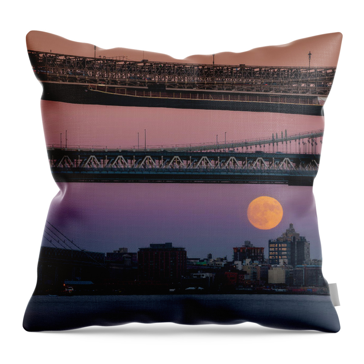 Supermoon Throw Pillow featuring the photograph Super Moon Over Manhattan New York City NYC Bridges by Susan Candelario