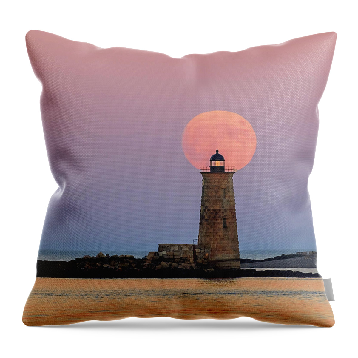 Super Moon;lighthouse Throw Pillow featuring the photograph Super Moon Rise Over Whaleback Lighthouse by John Vose