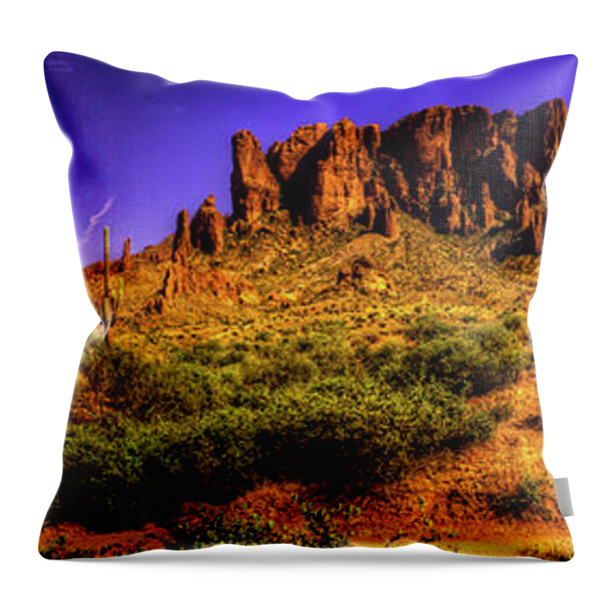 Arizona Throw Pillow featuring the photograph Superstition Mountains in Panorama Late Afternoon by Roger Passman
