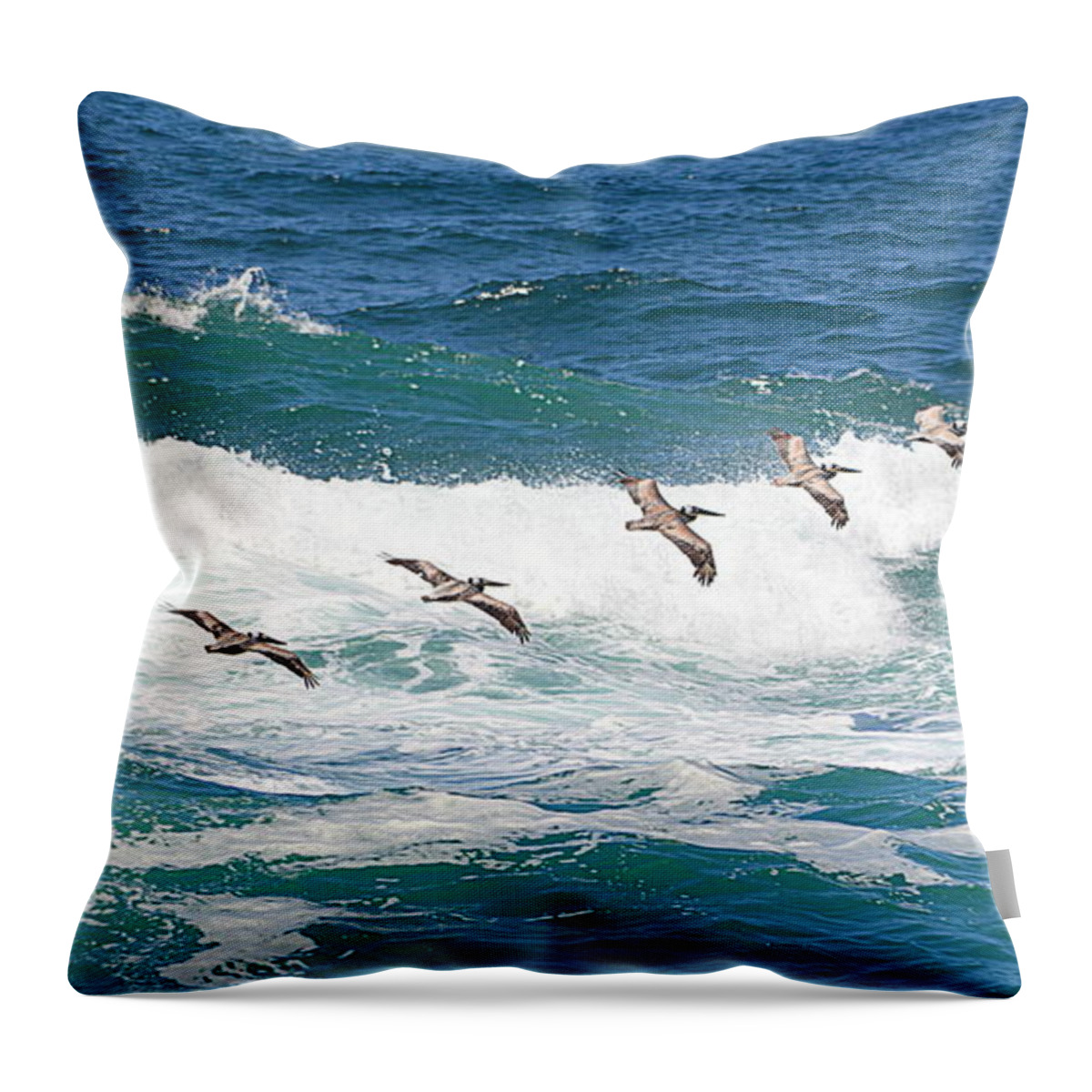 Birds Throw Pillow featuring the photograph Surf and Pelicans by AJ Schibig