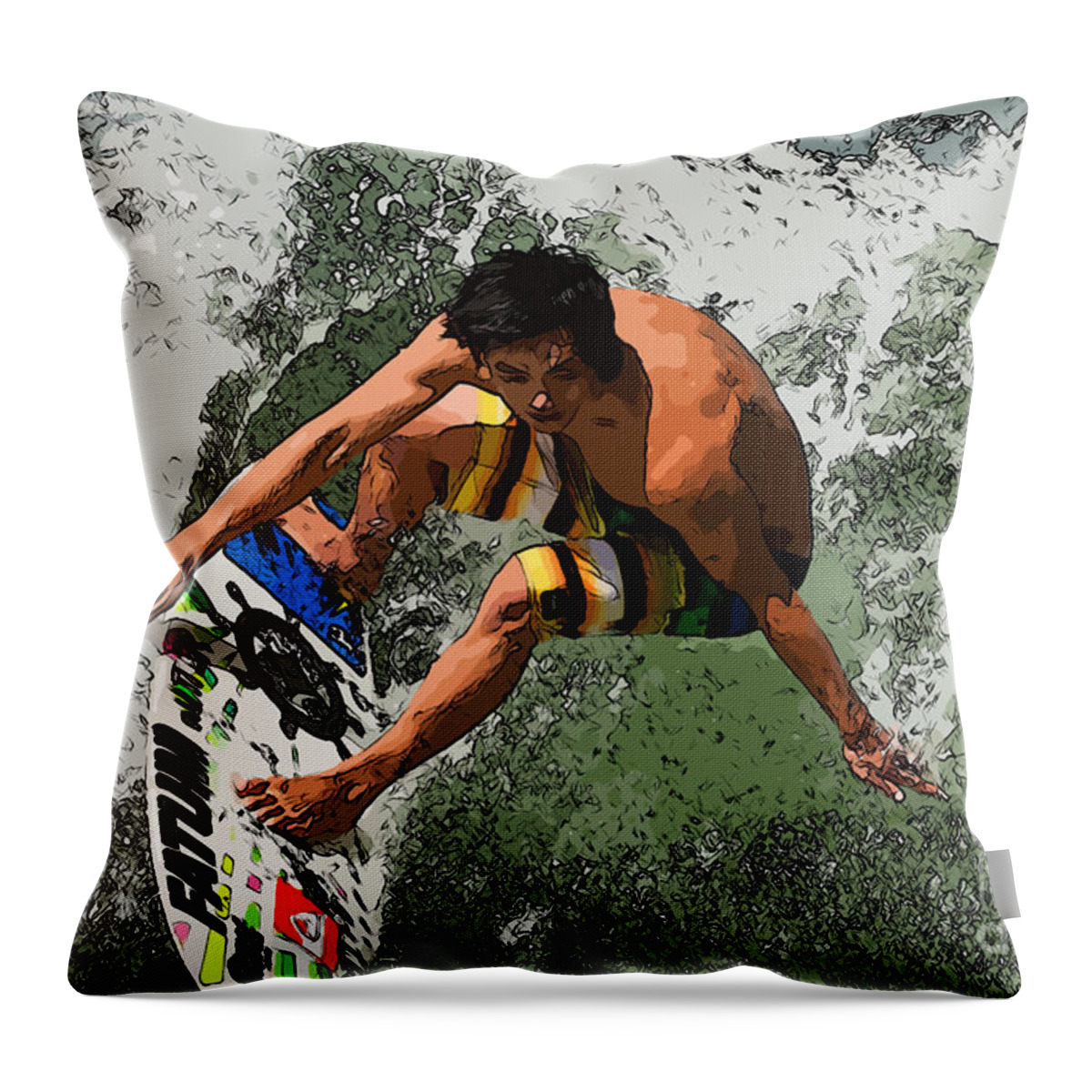 Surf Surfing Waves Cool One On Board Surfboard Surfboarding Action Shot Riding Man Boy Hitting The Scene Landscape Asian Throw Pillow featuring the photograph Surf by Andrew Michael