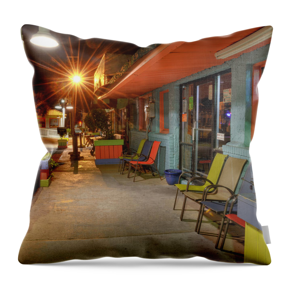 Surf Side Bar Throw Pillow featuring the photograph Surf Side Bar At Night by Greg and Chrystal Mimbs