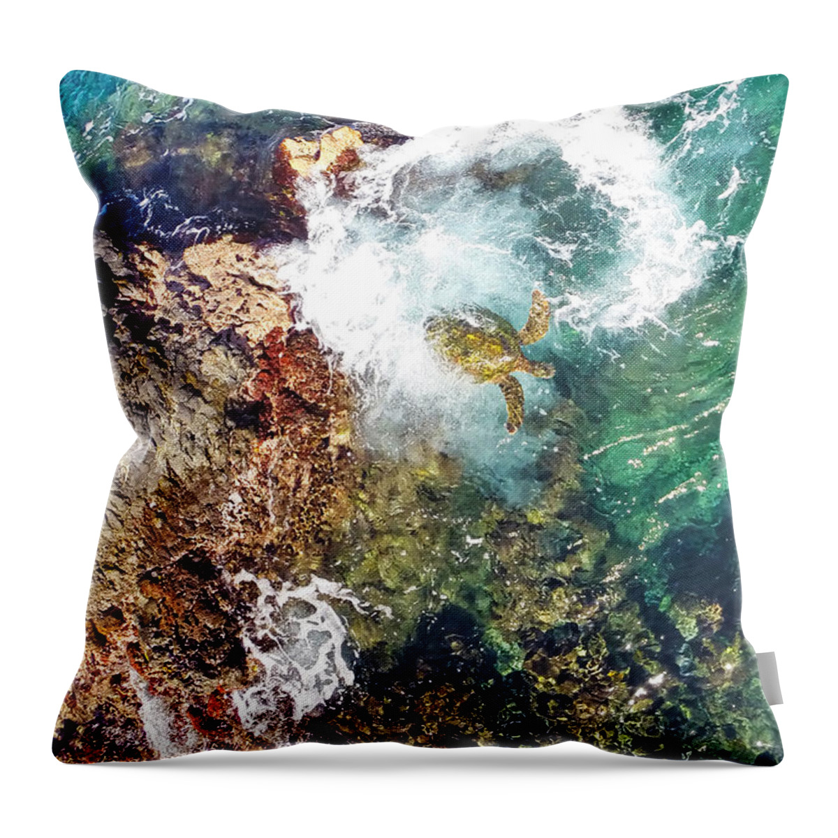 Maui Hawaii Sea Turtle Ocean Shoreline Reef Throw Pillow featuring the photograph Surfacing by James Roemmling