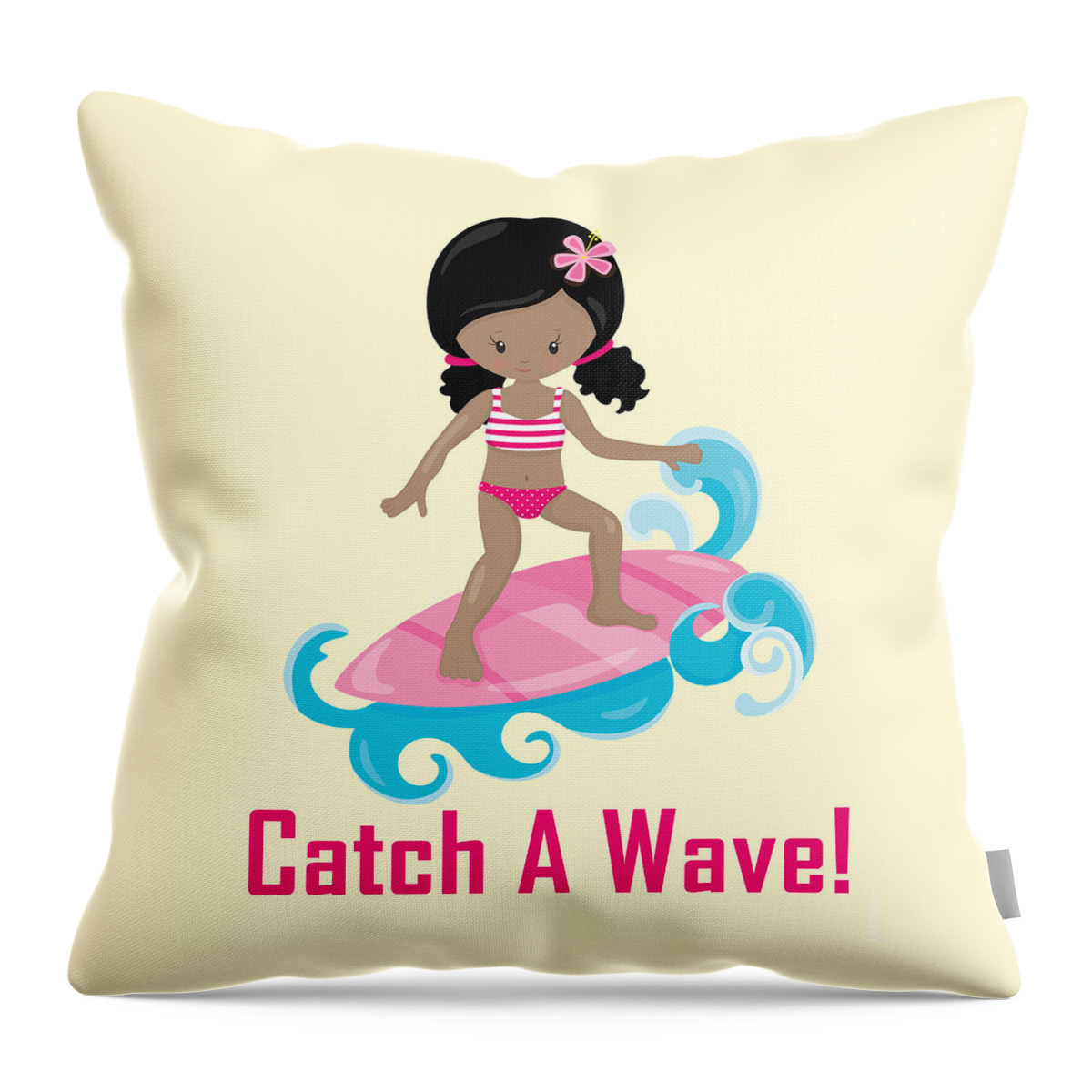 Surfer Art Throw Pillow featuring the digital art Surfer Art Catch A Wave Girl With Surfboard #20 by KayeCee Spain