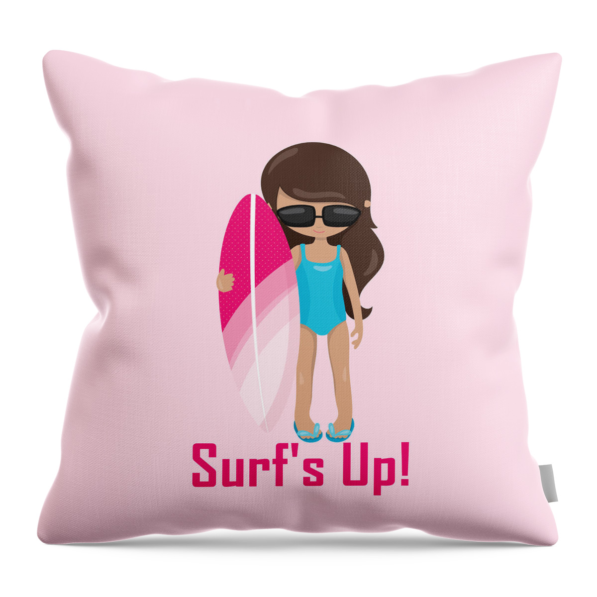 Surfer Art Throw Pillow featuring the digital art Surfer Art Surf's Up Girl With Surfboard #18 by KayeCee Spain