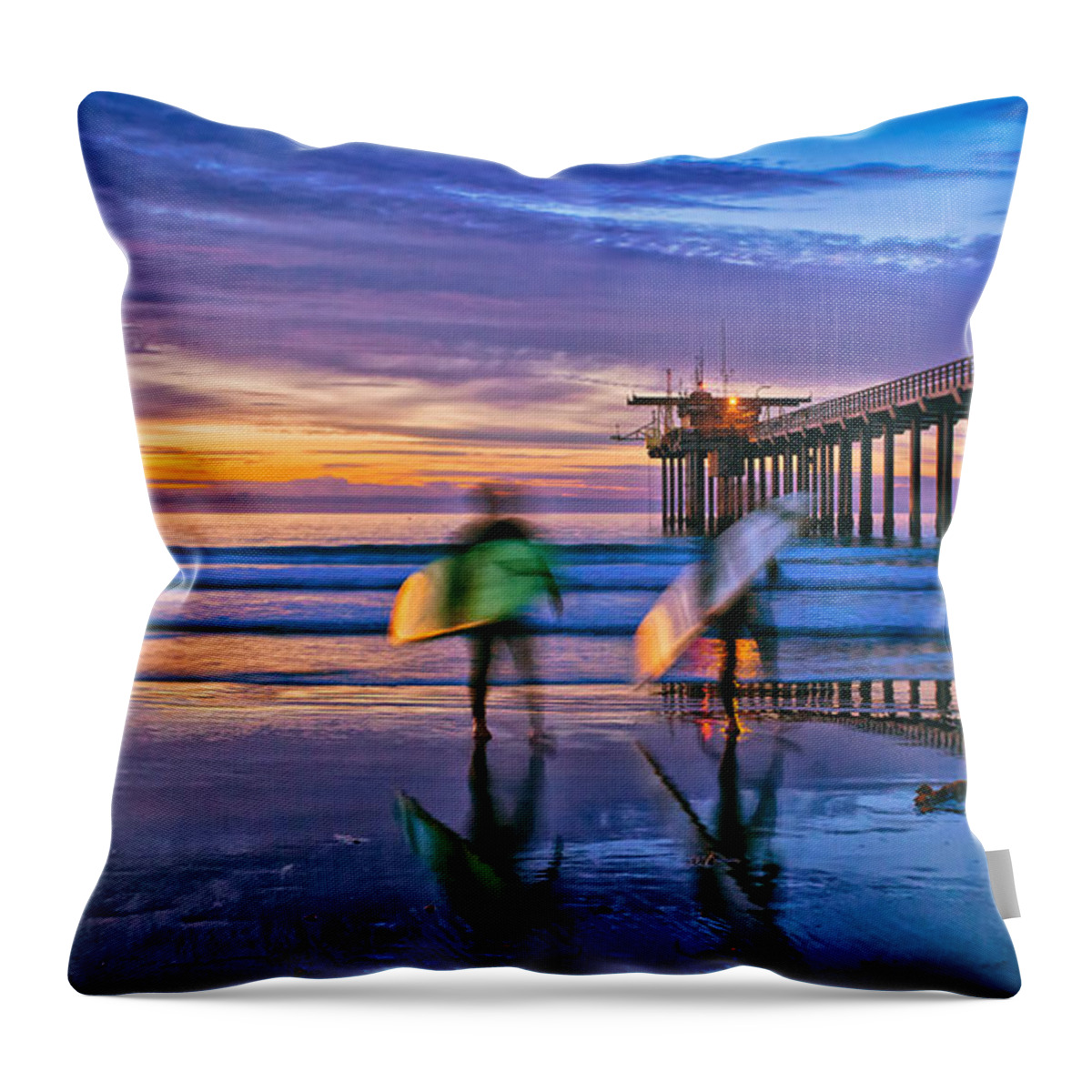 La Jolla Throw Pillow featuring the photograph Surfers at Scripps Pier in La Jolla California by Sam Antonio
