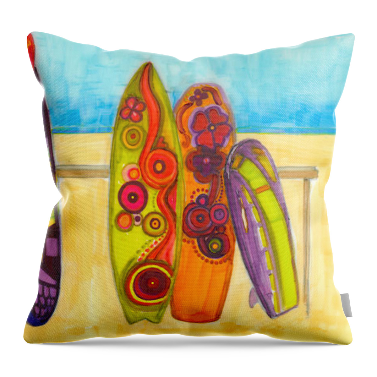 Surfing Buddies Throw Pillow featuring the painting Surfing Buddies - Surf boards at the Beach illustration by Patricia Awapara