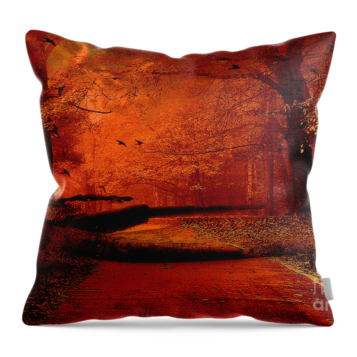 Trees Nature Photos Throw Pillow featuring the photograph Surreal Fantasy Autumn Fall Orange Woods Nature Forest by Kathy Fornal
