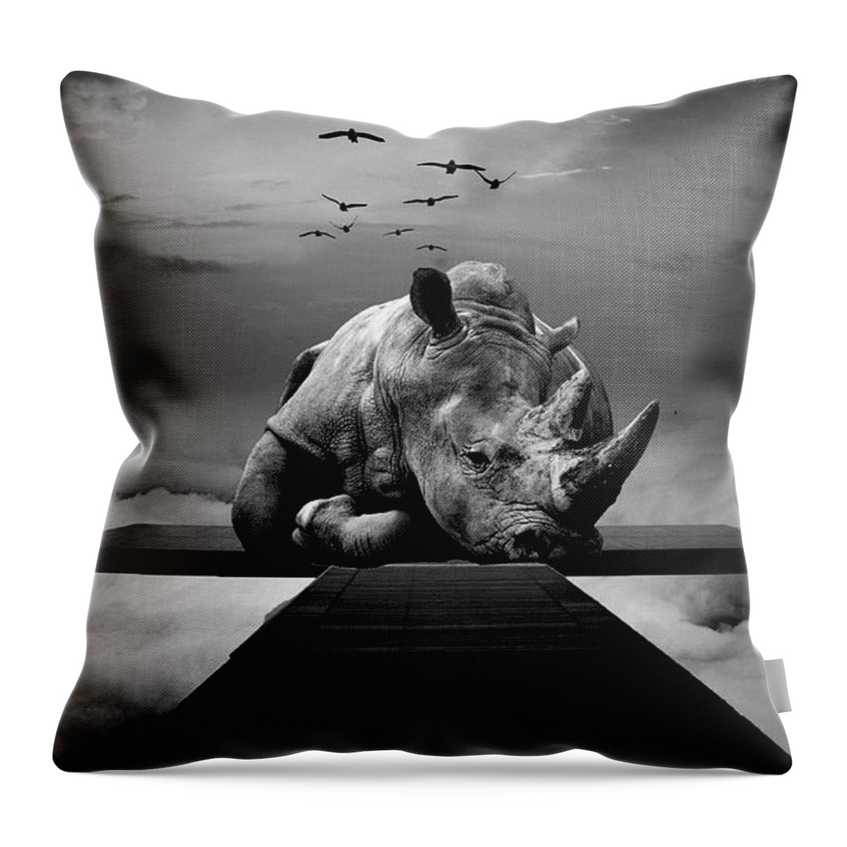 Rhino Throw Pillow featuring the photograph Surreal Rhino Black and white wall art prints by Wall Art Prints