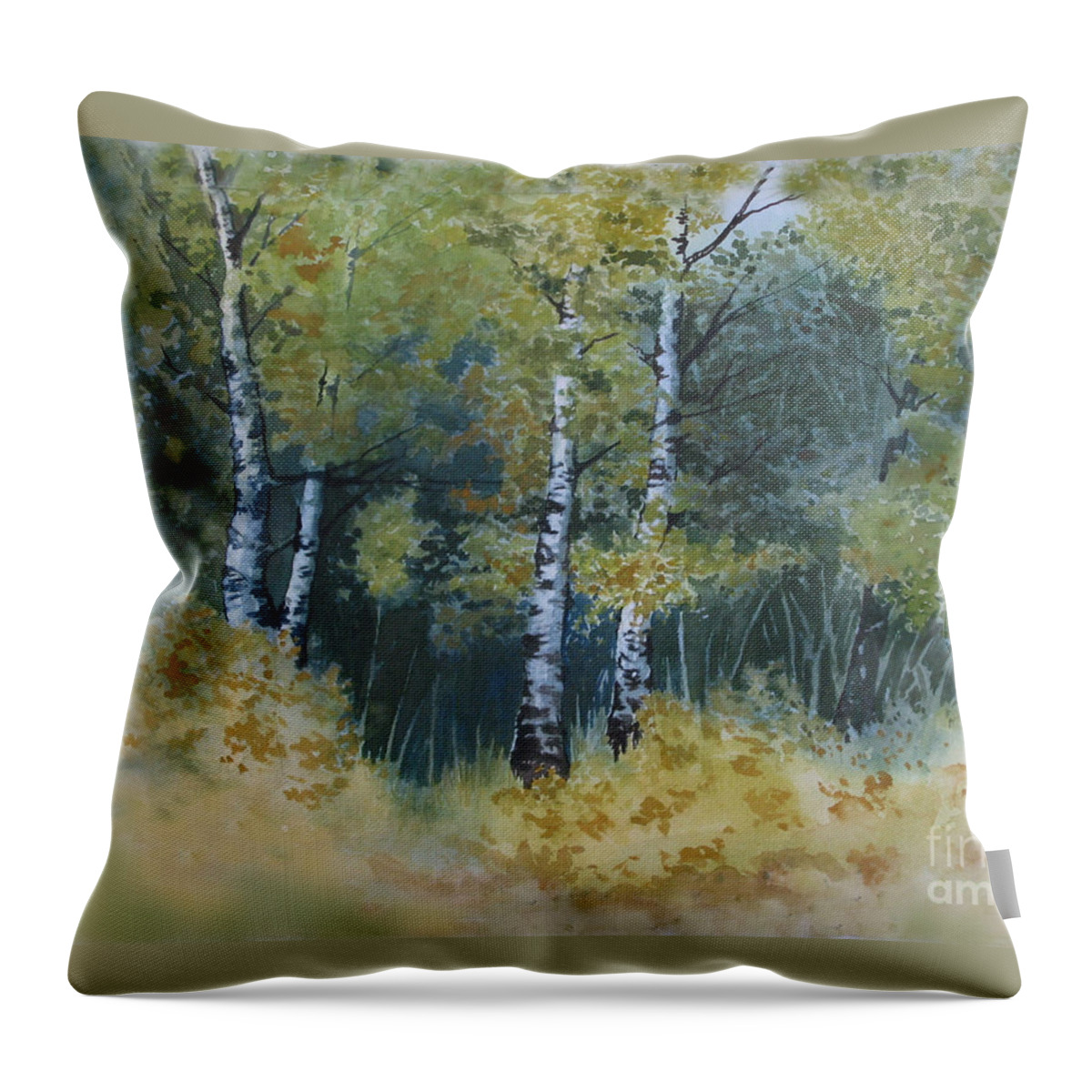 Birch Trees Throw Pillow featuring the painting Surrounded By Greenery by Diane Ellingham