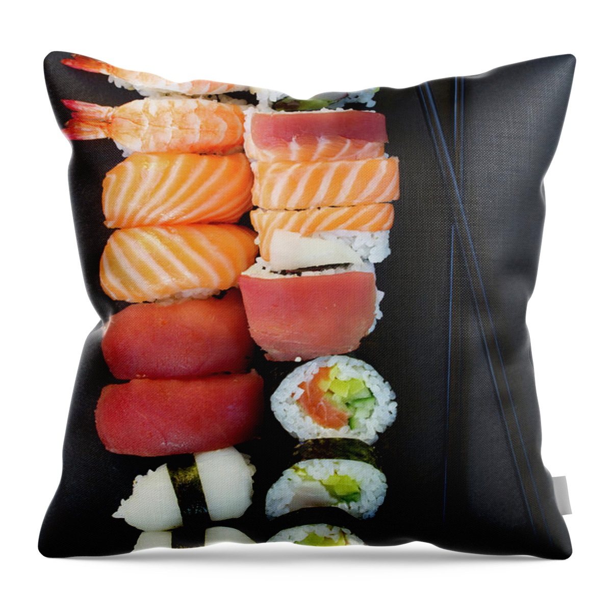 Sushi Throw Pillow featuring the photograph Sushi and Chopsticks by Anastasy Yarmolovich