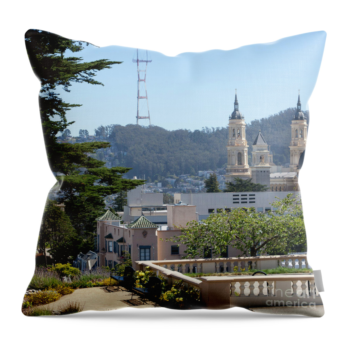 Wingsdomain Throw Pillow featuring the photograph Sutro Tower and St Ignatius Church San Francisco California 5d3278 square by San Francisco