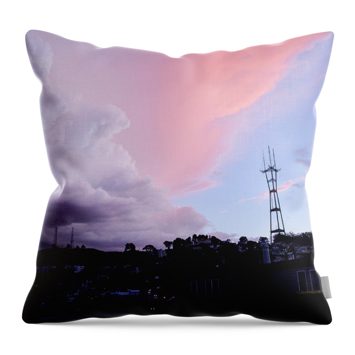 San Francisco Throw Pillow featuring the photograph Sutro Tower with Purple clouds by Erik Burg