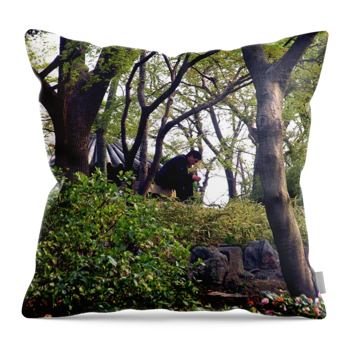 China Throw Pillow featuring the photograph Suzhou Gardens in Thought by Marti Green