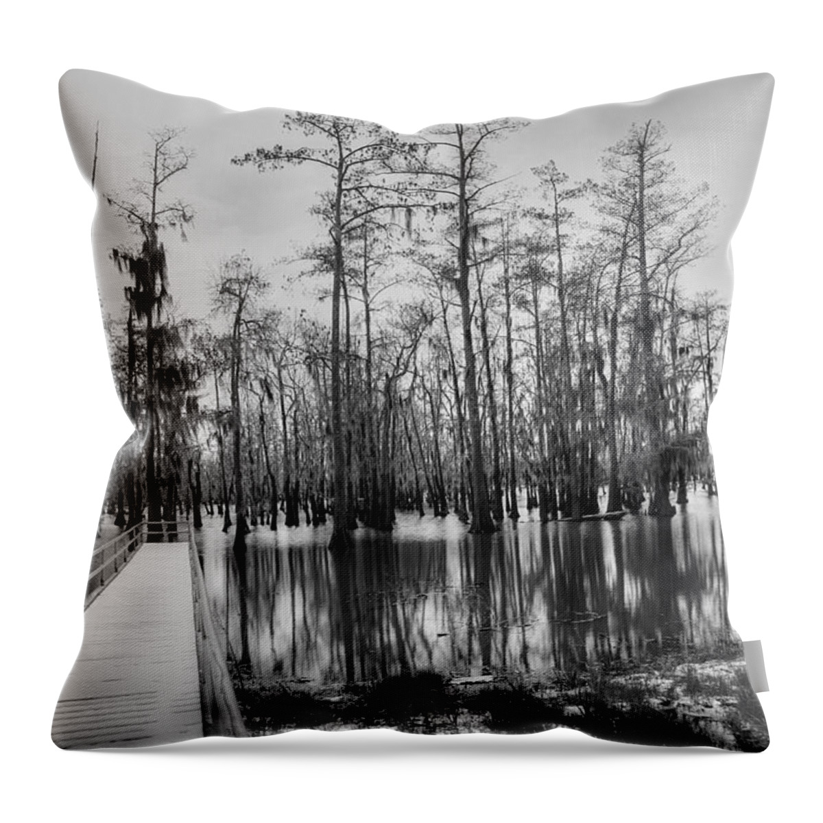 Swamp Throw Pillow featuring the photograph Swamp Dock Black And White by Ester McGuire
