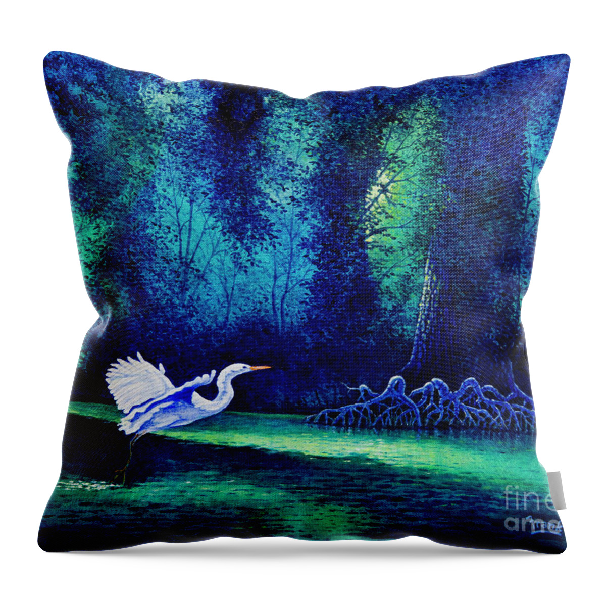 Egret Throw Pillow featuring the painting Swamp Scene by Michael Frank
