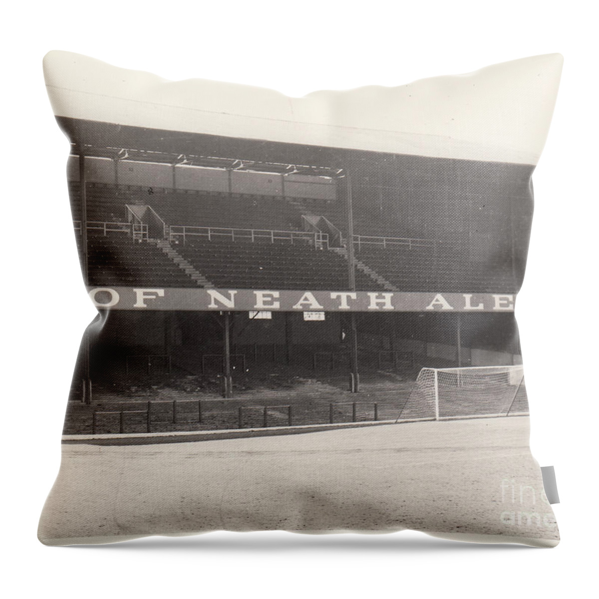  Throw Pillow featuring the photograph Swansea - Vetch Field - West Terrace 1 - BW - 1960s by Legendary Football Grounds