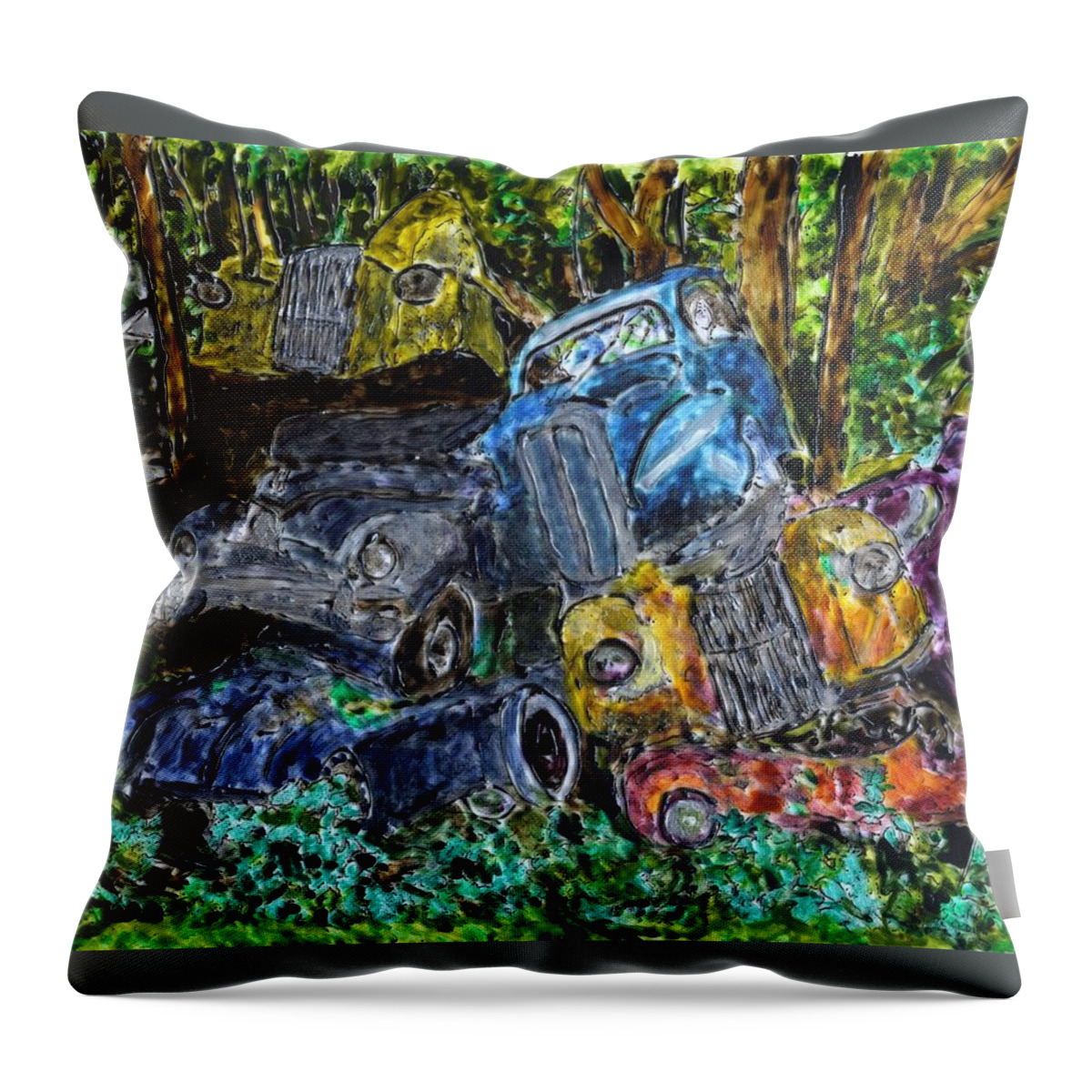 Scrapyard Throw Pillow featuring the painting Swedish Scrapyard by Phil Strang