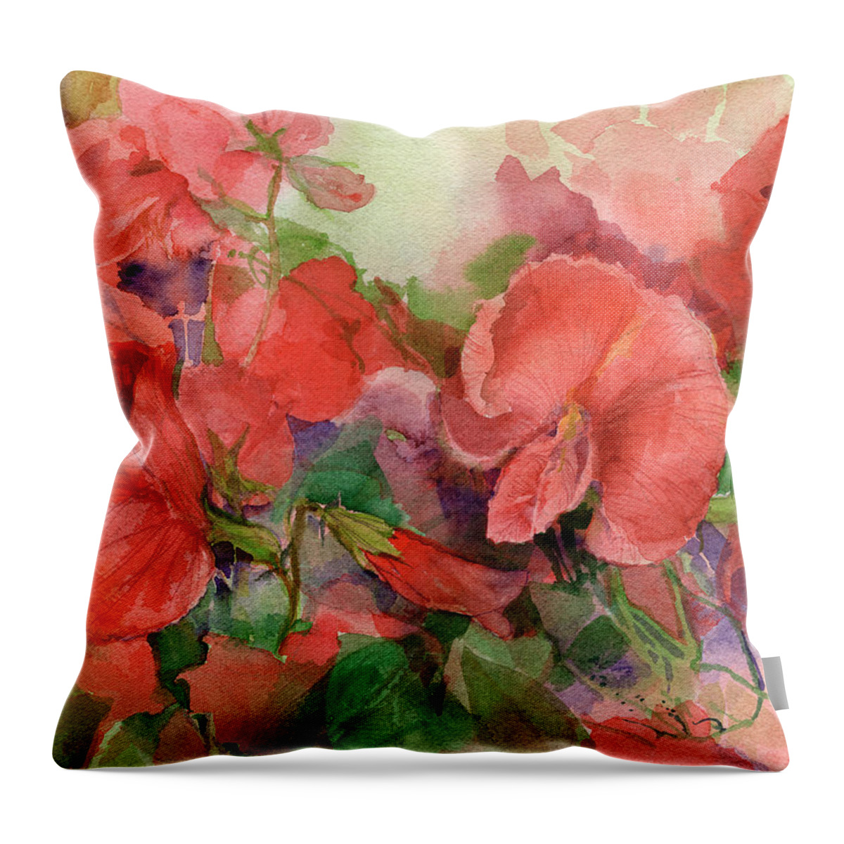 Sweet Pea Throw Pillow featuring the painting Sweet peas by Garden Gate