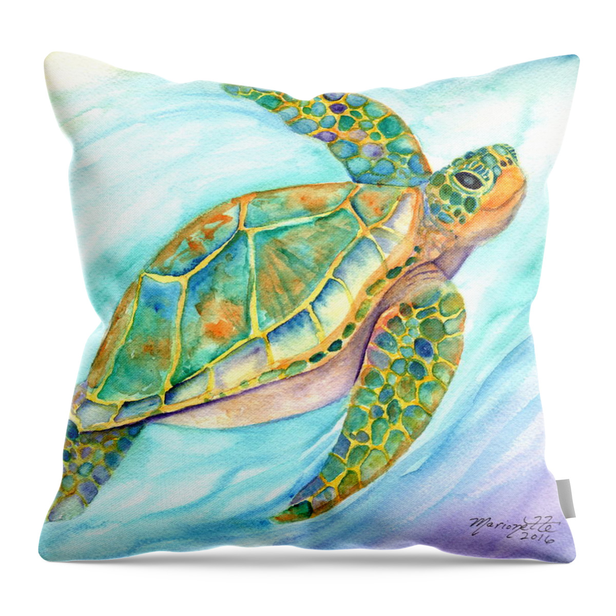 Kauai Art Throw Pillow featuring the painting Swimming, Smiling Sea Turtle by Marionette Taboniar