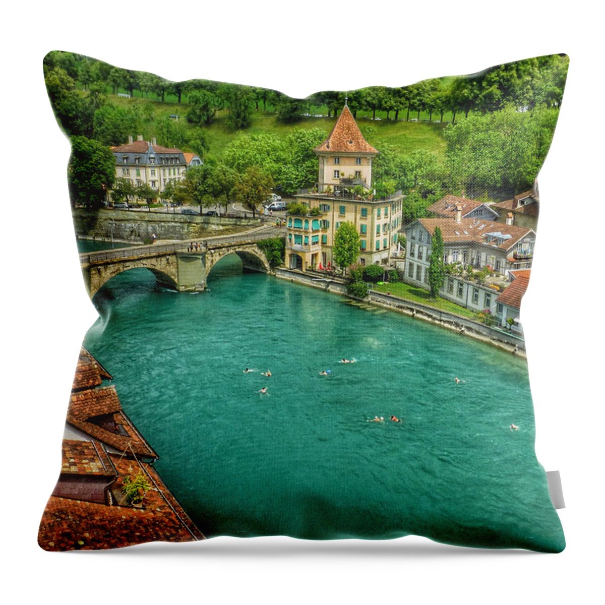 Connie Handscomb Throw Pillow featuring the photograph Swimming The River Aare , Bern by Connie Handscomb