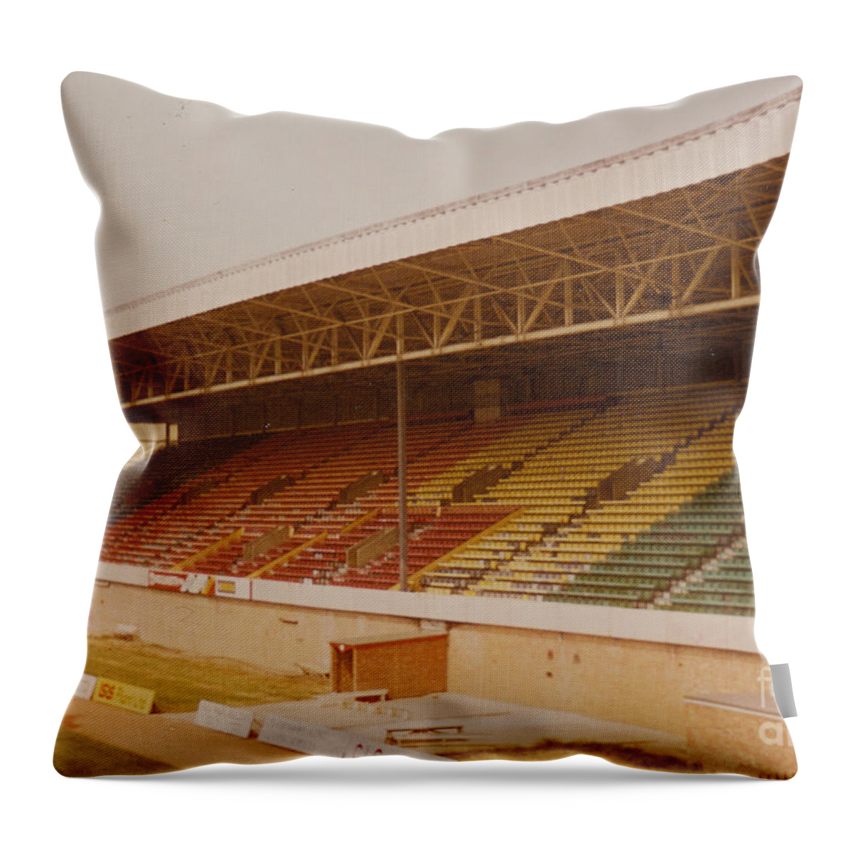  Throw Pillow featuring the photograph Swindon - County Ground - Main Stand 3 - 1970s by Legendary Football Grounds