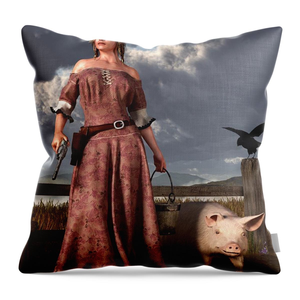  Pig Throw Pillow featuring the digital art Swineherdess by Daniel Eskridge