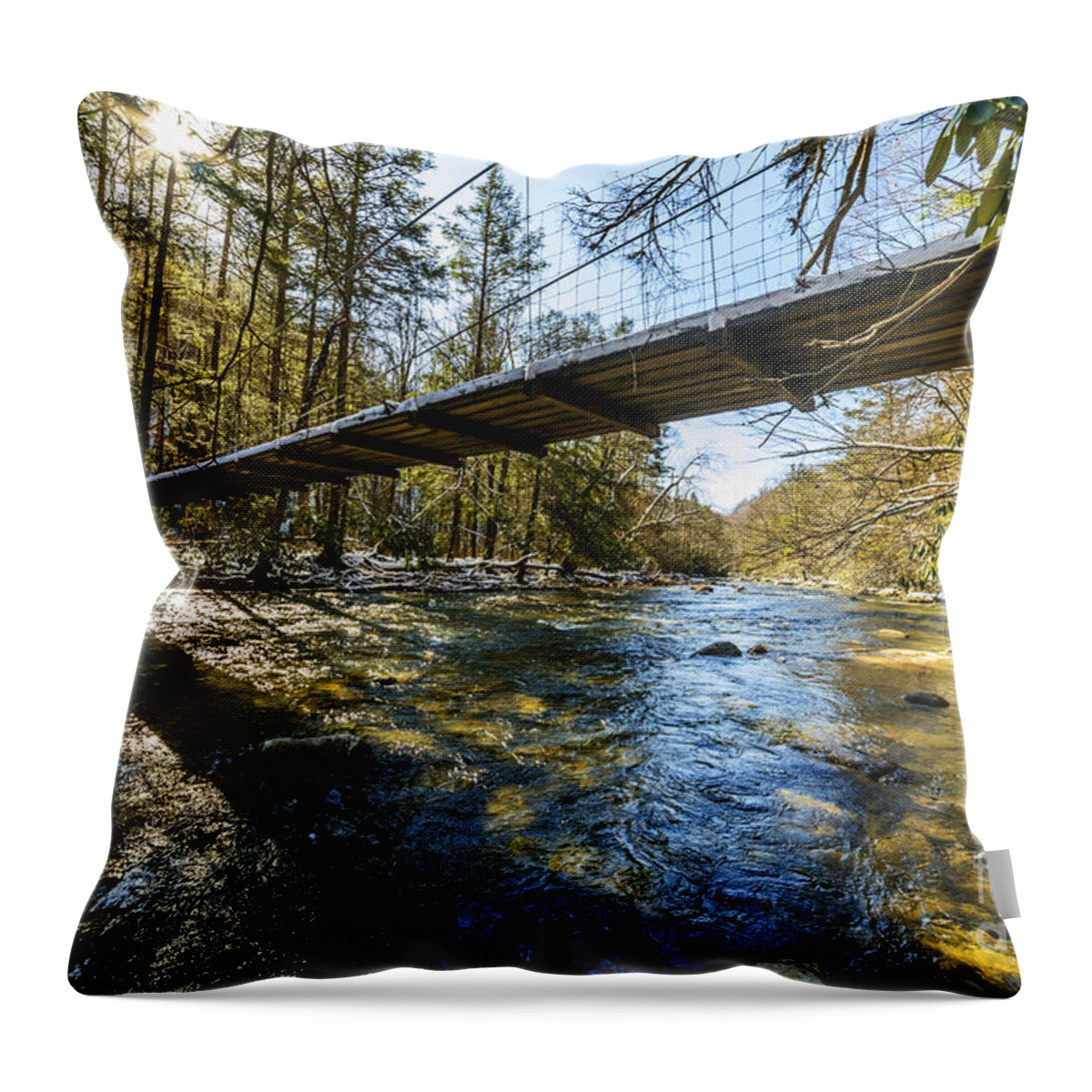 Elk River Throw Pillow featuring the photograph Swinging Bridge Back Fork of Elk by Thomas R Fletcher