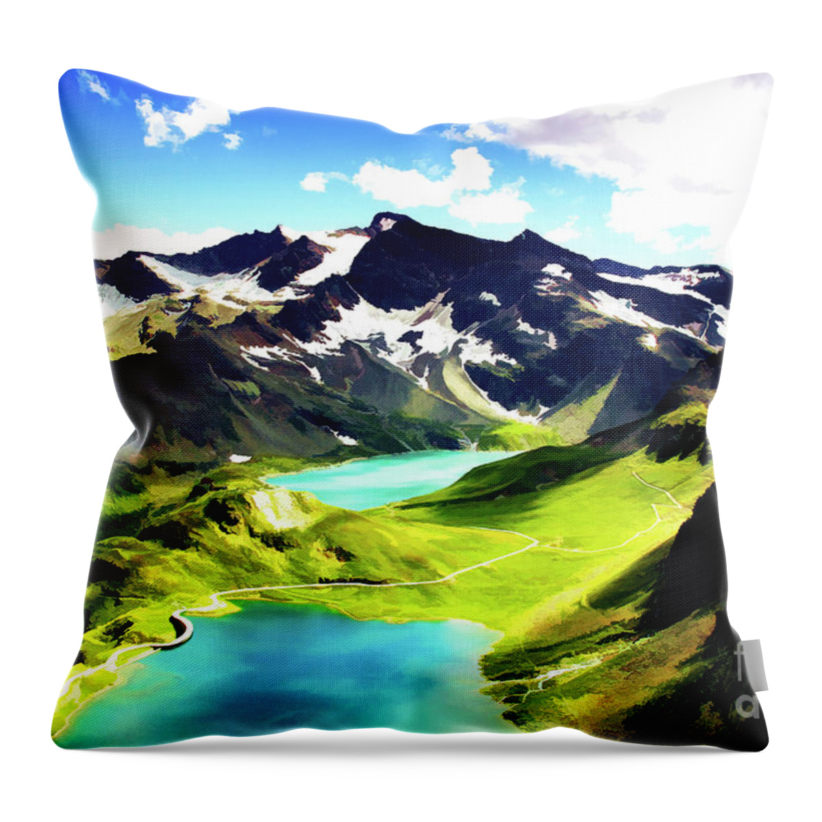 Landscape Throw Pillow featuring the painting Swiss Alps by Eva Sawyer