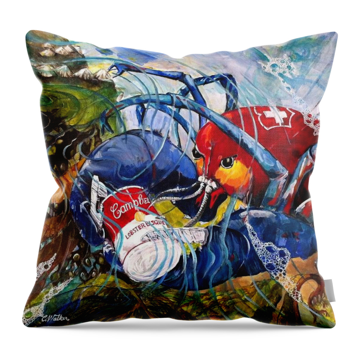 Lobster Throw Pillow featuring the painting Swiss Army Lobster, le Homard de l'Armee Suisse by Chris Walker