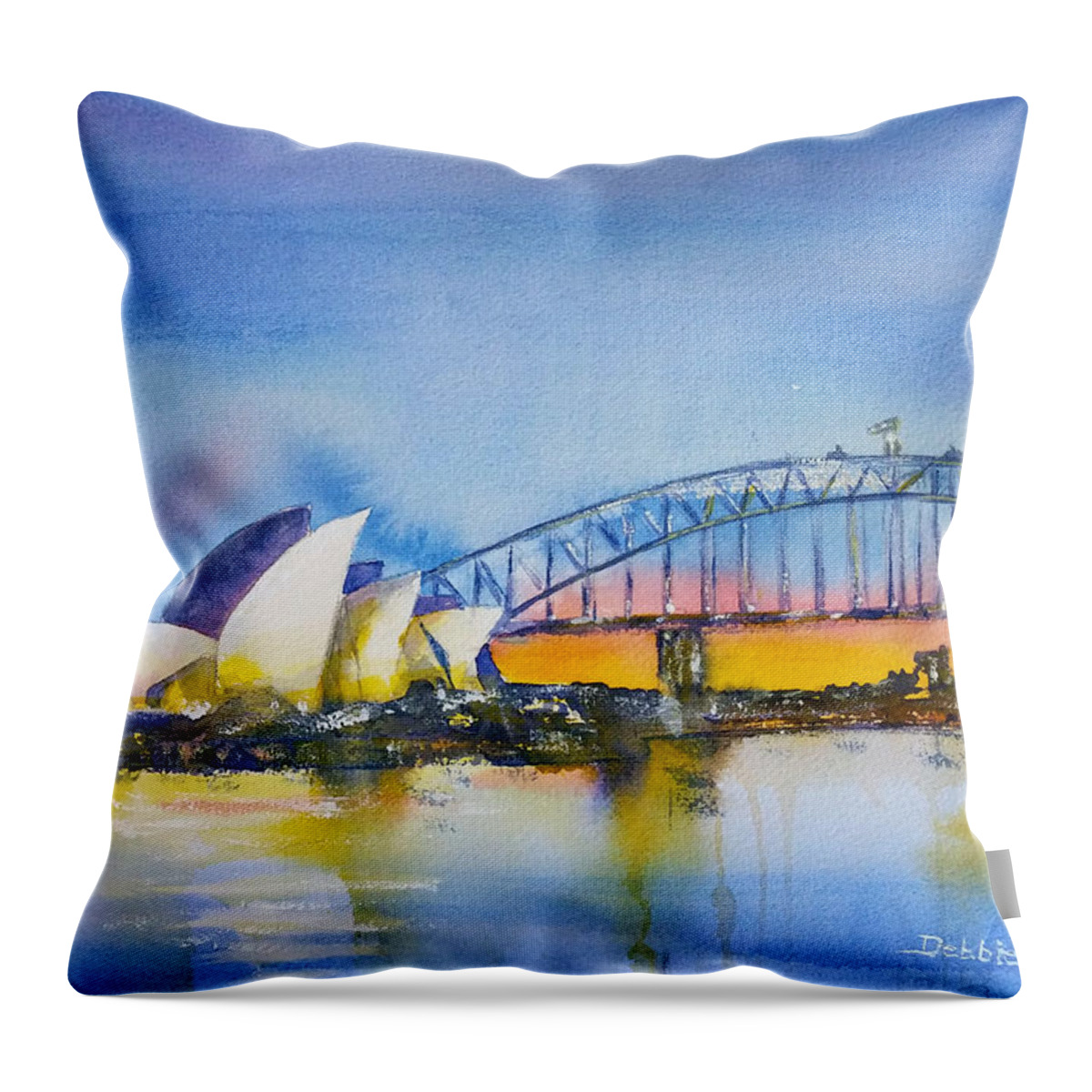  Throw Pillow featuring the painting Sydney Harbor at Sunset by Debbie Lewis