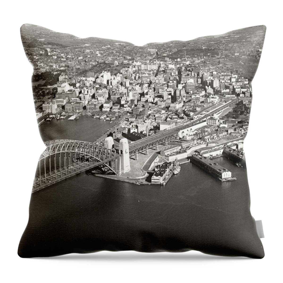 Sydney Harbour Bridge And City From North Sydney 1937 Throw Pillow featuring the painting Sydney Harbour Bridge and City from North Sydney by Celestial Images