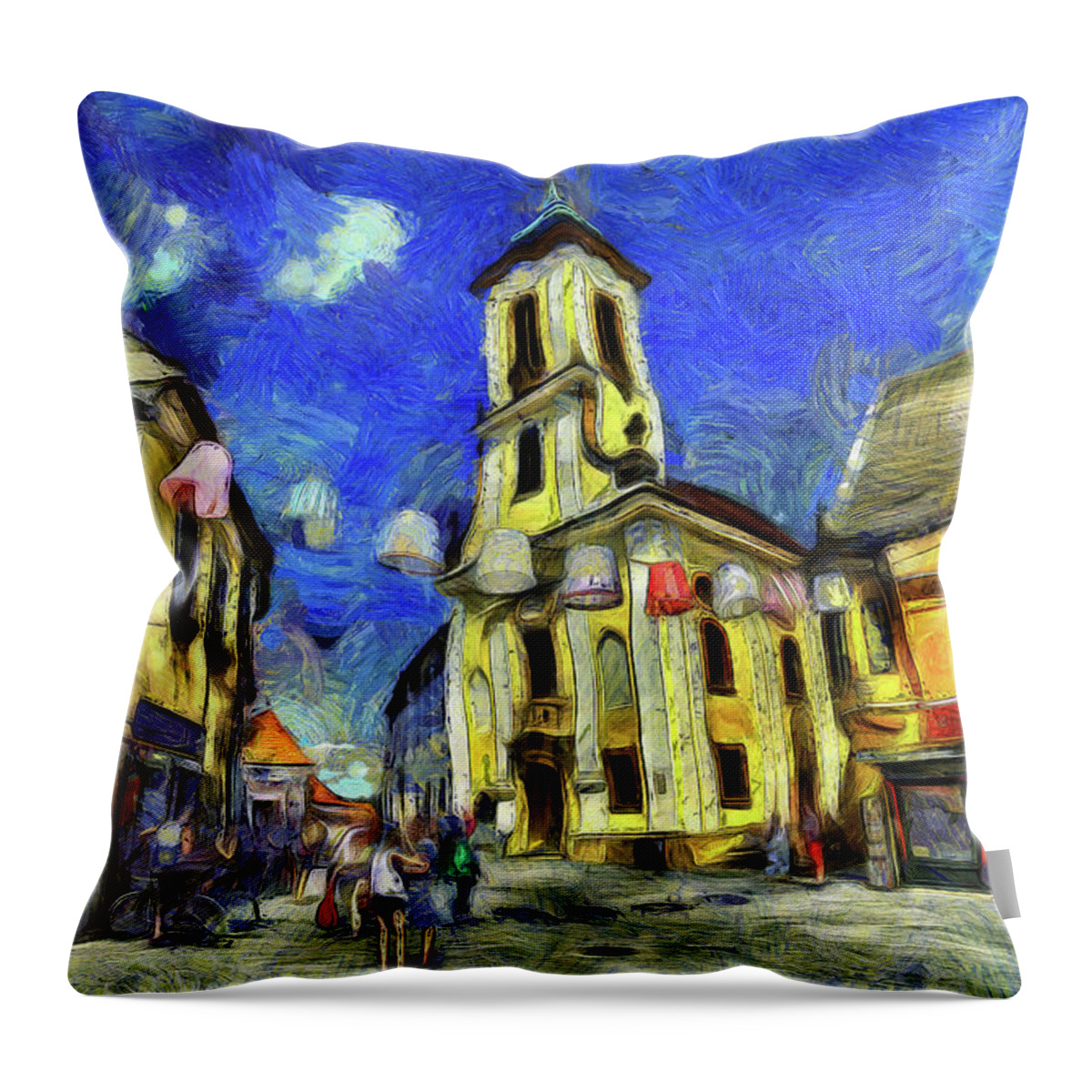 Impressionist Throw Pillow featuring the mixed media Szentendre Town Budapest Van Gogh by David Pyatt