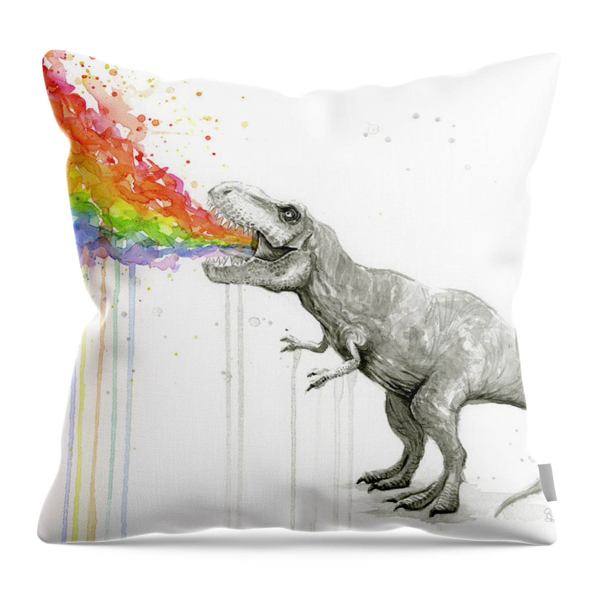 T-rex Throw Pillow featuring the painting T-Rex Tastes the Rainbow by Olga Shvartsur