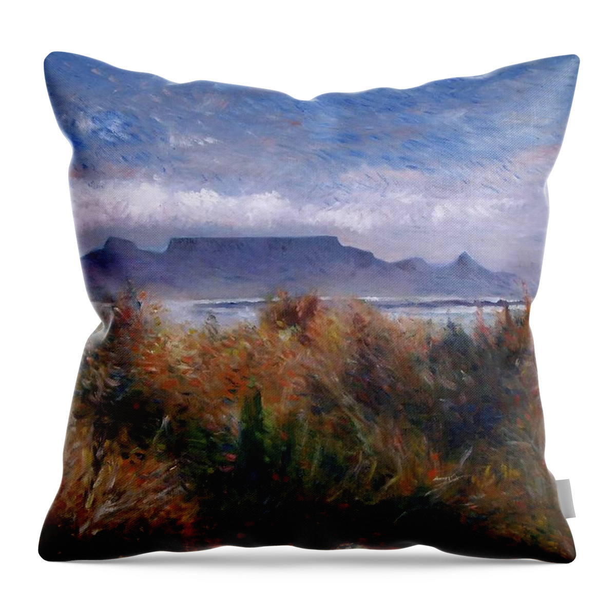 Cape Town South Africa Throw Pillow featuring the painting Table Mountain from Blouwbergstrand Cape Town South Africa 1999 by Enver Larney
