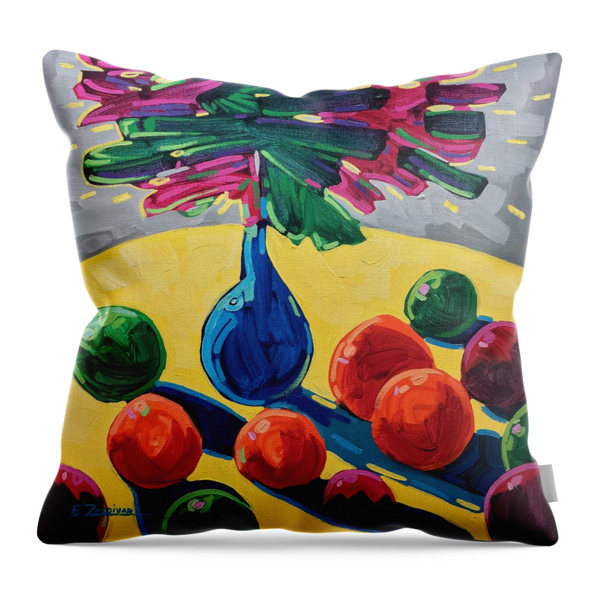 Still Life Throw Pillow featuring the painting Table with fruits and flowers by Enrique Zaldivar