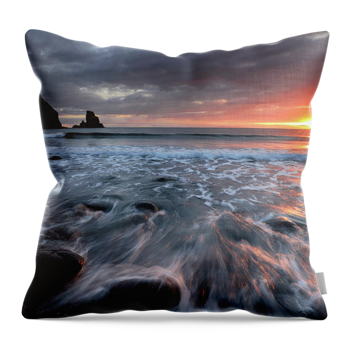 Talisker Bay Throw Pillow featuring the photograph Talisker Bay Rocky Sunset by Grant Glendinning