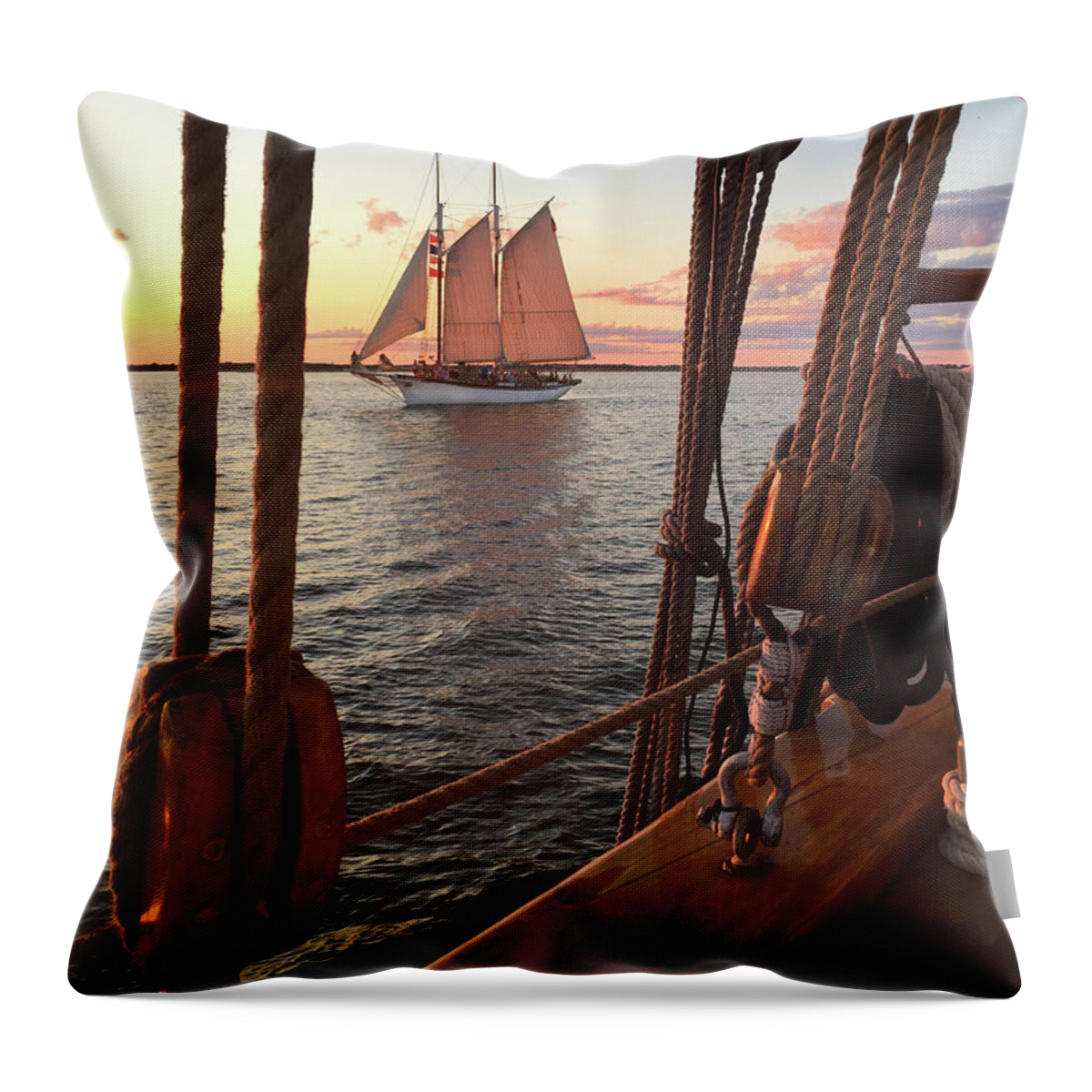 Tall Ships Throw Pillow featuring the photograph Tall Ship Sunset Sail by David T Wilkinson