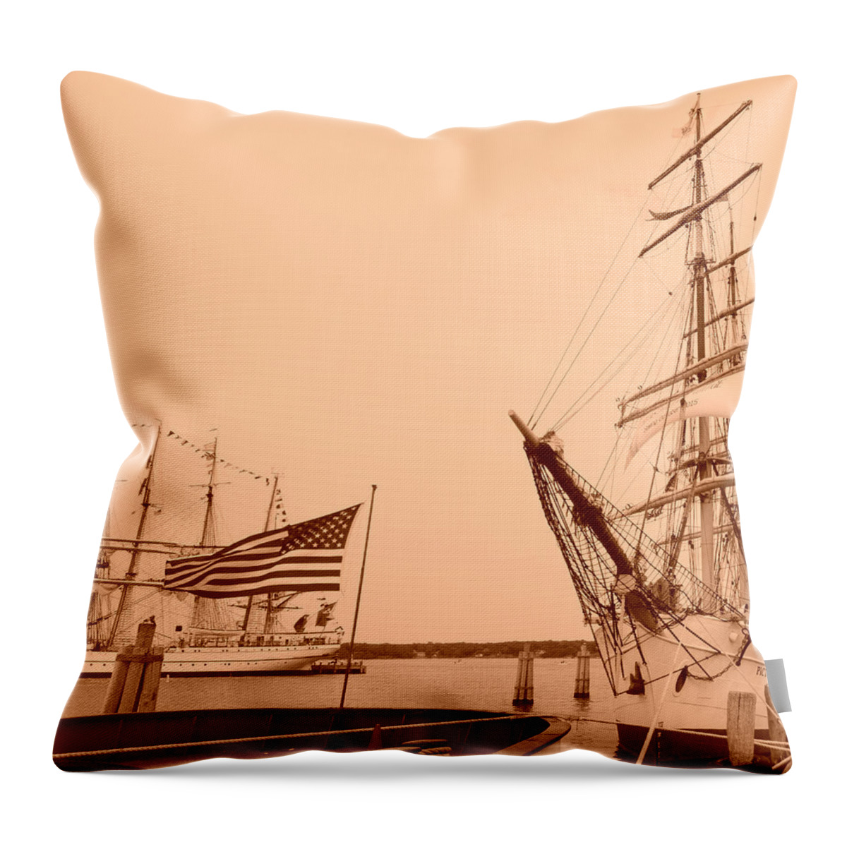 Tall Ships Throw Pillow featuring the mixed media Tall Ships Sepia Tone by Stacie Siemsen