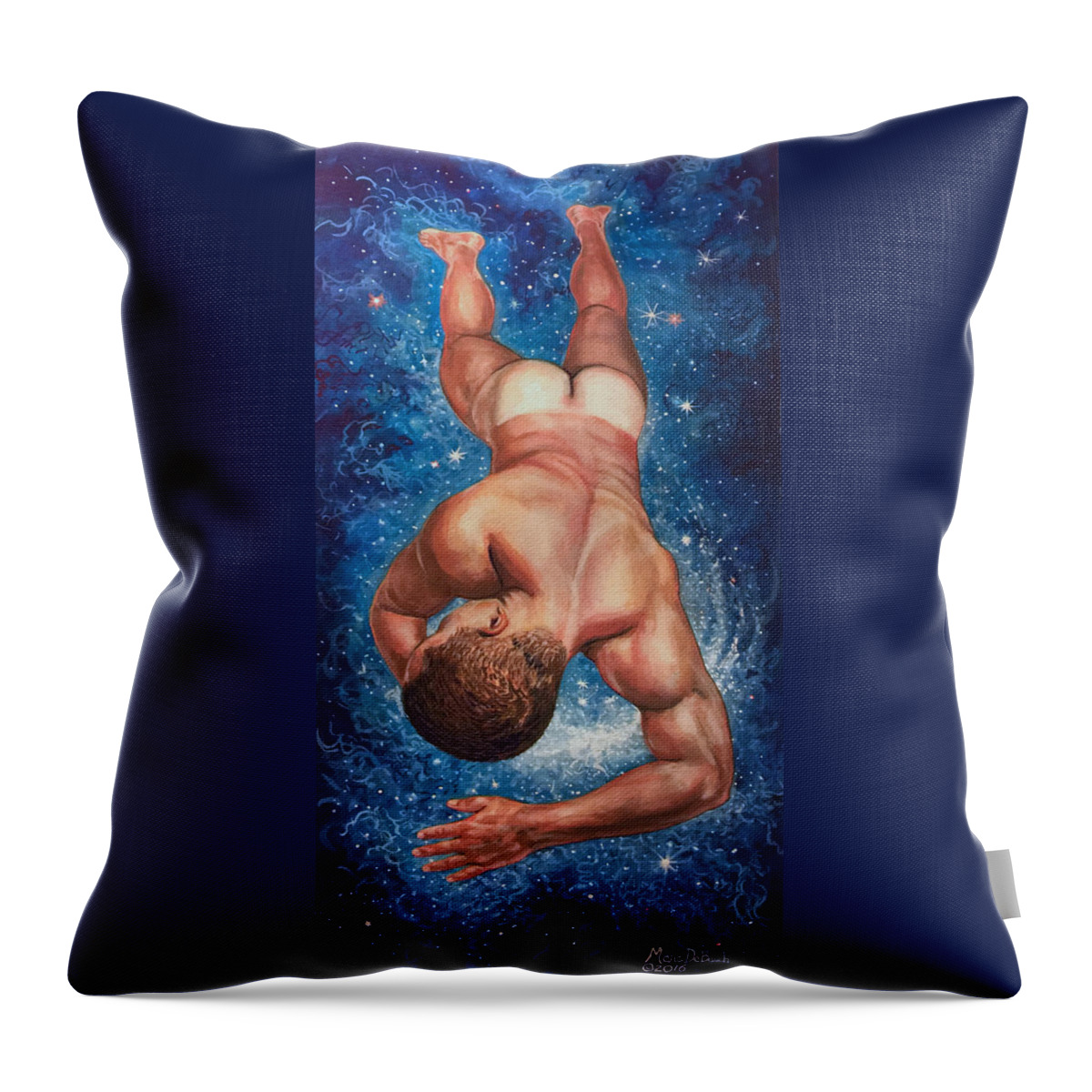 Nude Male Throw Pillow featuring the painting Tan Lines In Space by Marc DeBauch