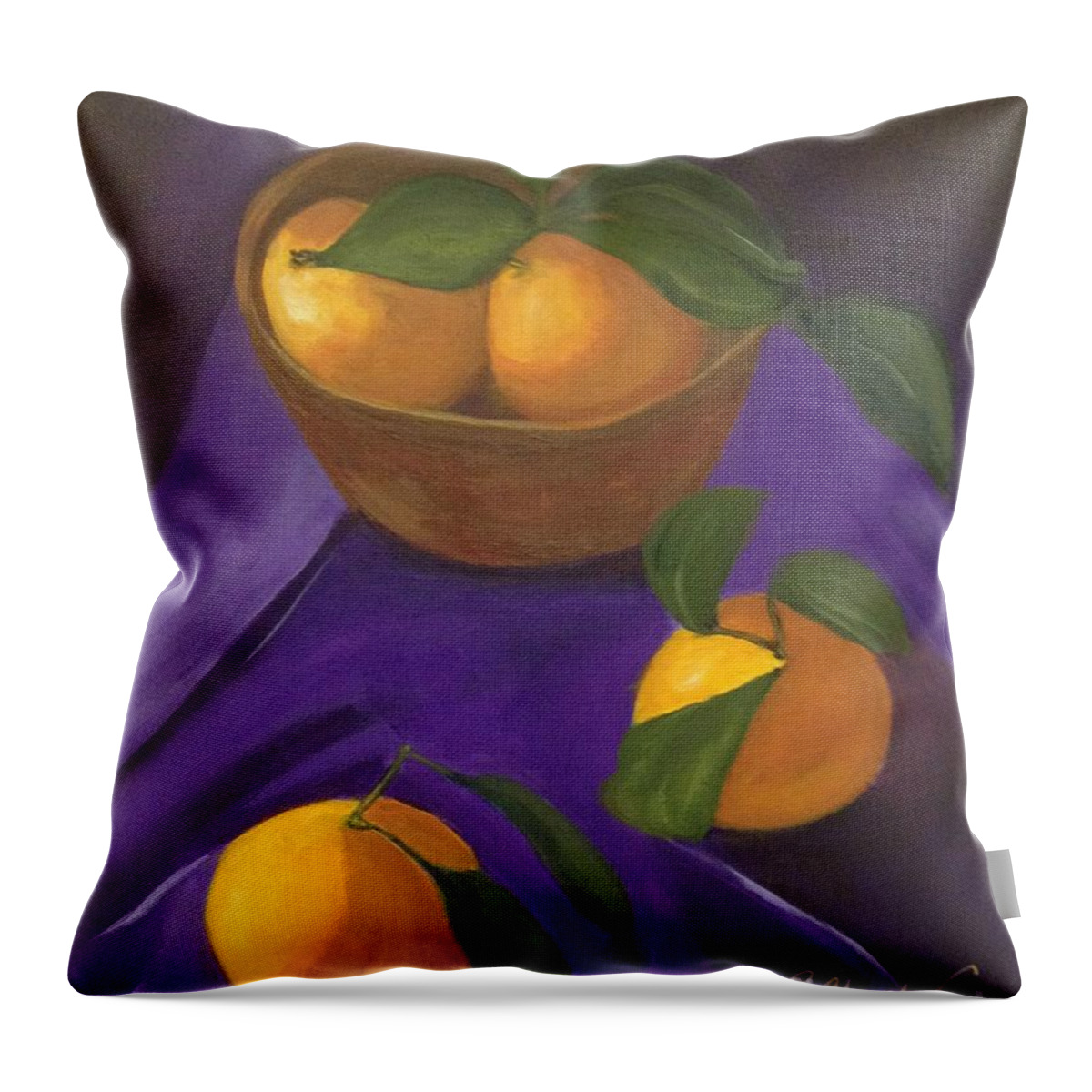 Oranges Throw Pillow featuring the painting Tangerines on purple by Patricia Cleasby