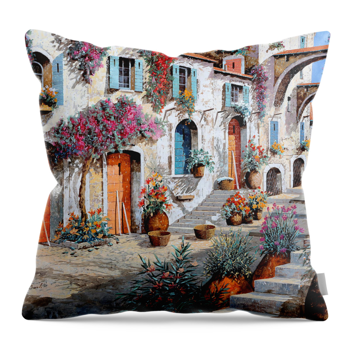 Street Scene Throw Pillow featuring the painting Tanti Fiori Per Strada by Guido Borelli