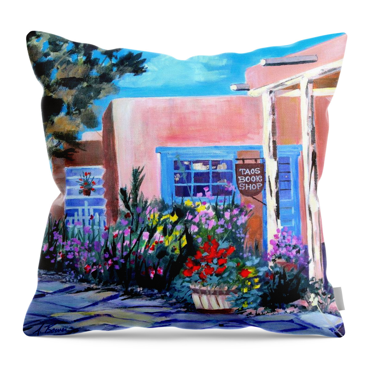 New Mexico Throw Pillow featuring the painting Taos Book Shop by Adele Bower