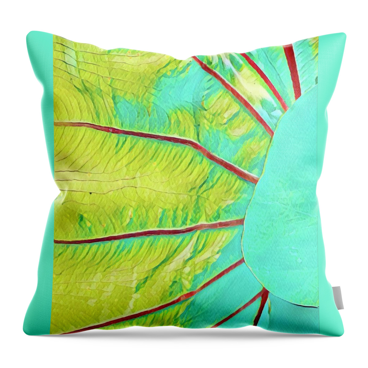 #flowersofaloha #taroleaf #turquoise #aloha Throw Pillow featuring the photograph Taro Leaf in Turquoise - The Other Side by Joalene Young