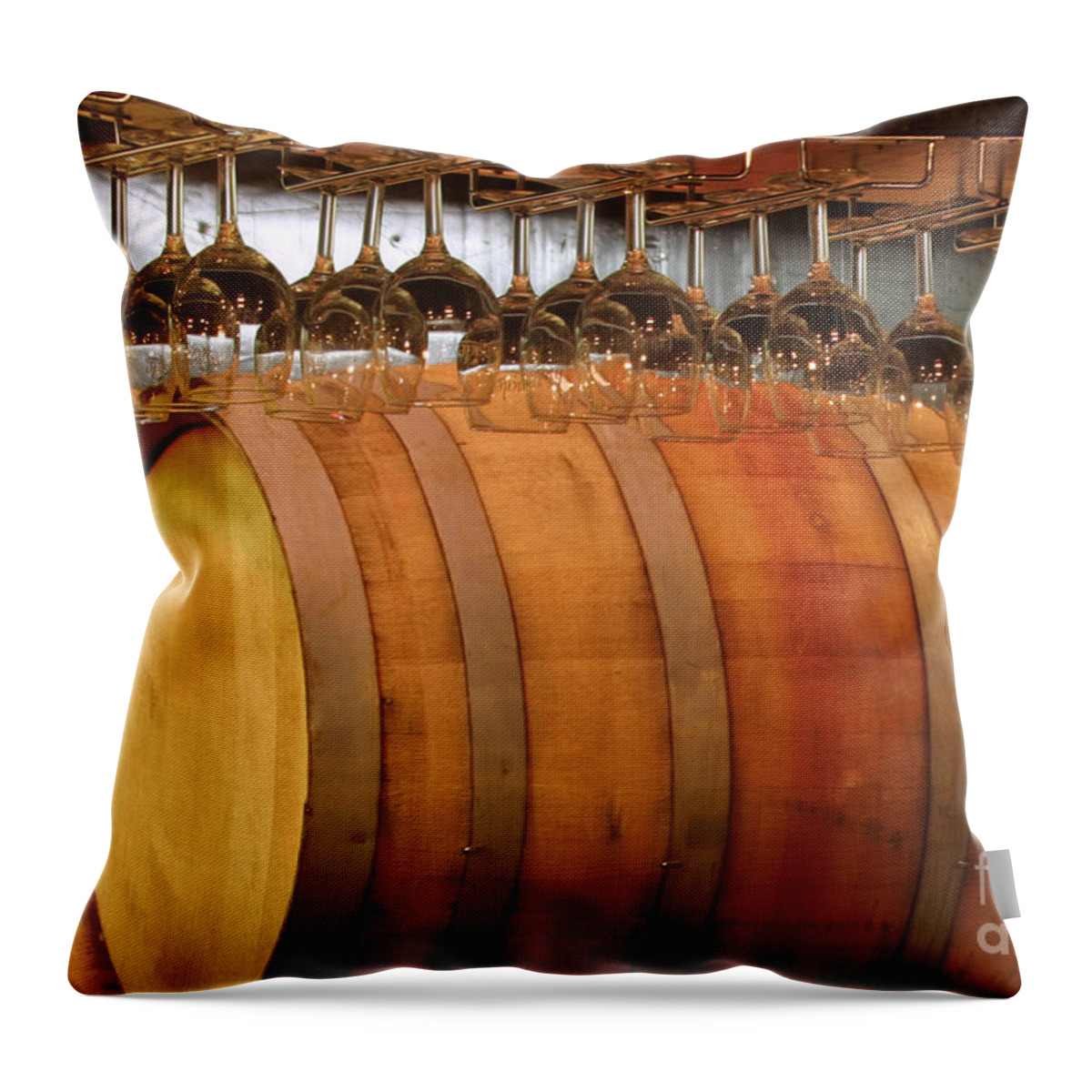Vineyard Throw Pillow featuring the photograph Tasting Room Barrels by Kathy Strauss