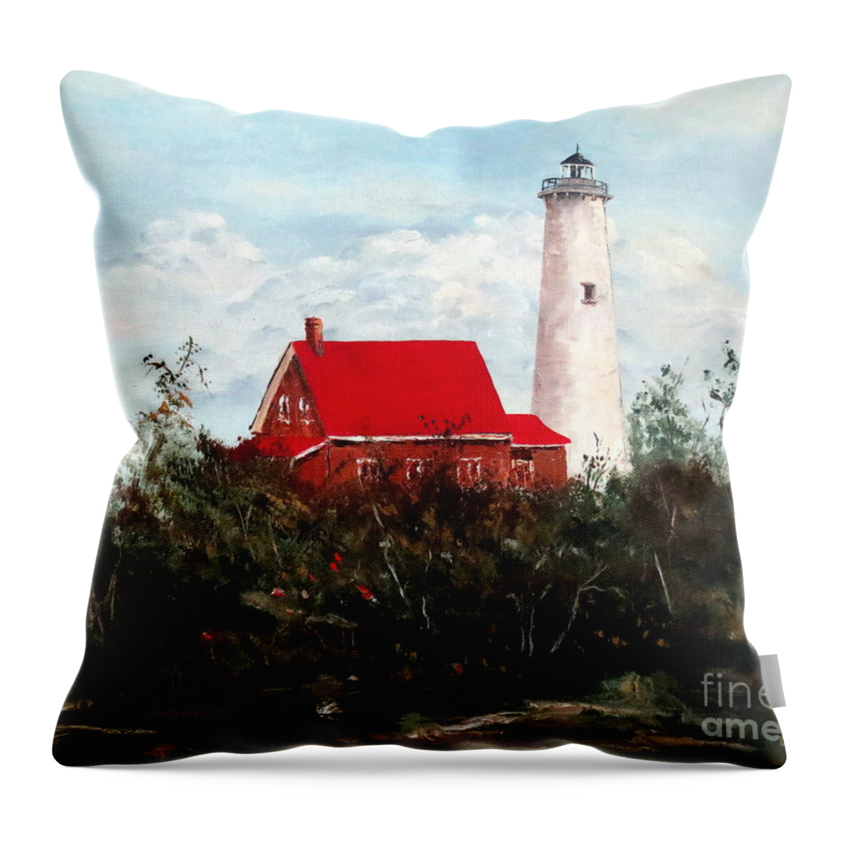 Tawas Lighthouse Throw Pillow featuring the painting Tawas by Lee Piper