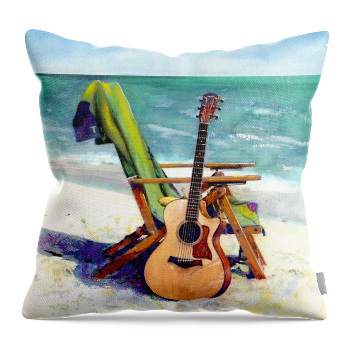 Guitar Paintings Throw Pillow featuring the painting Taylor at the Beach by Andrew King
