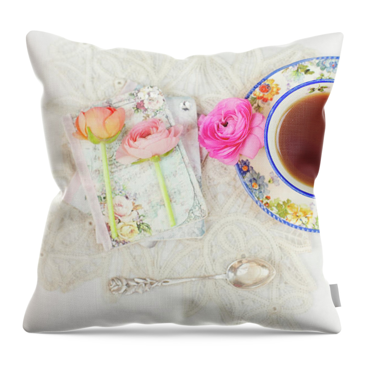 Tea Throw Pillow featuring the photograph Tea and Journals with Ranunculus by Susan Gary