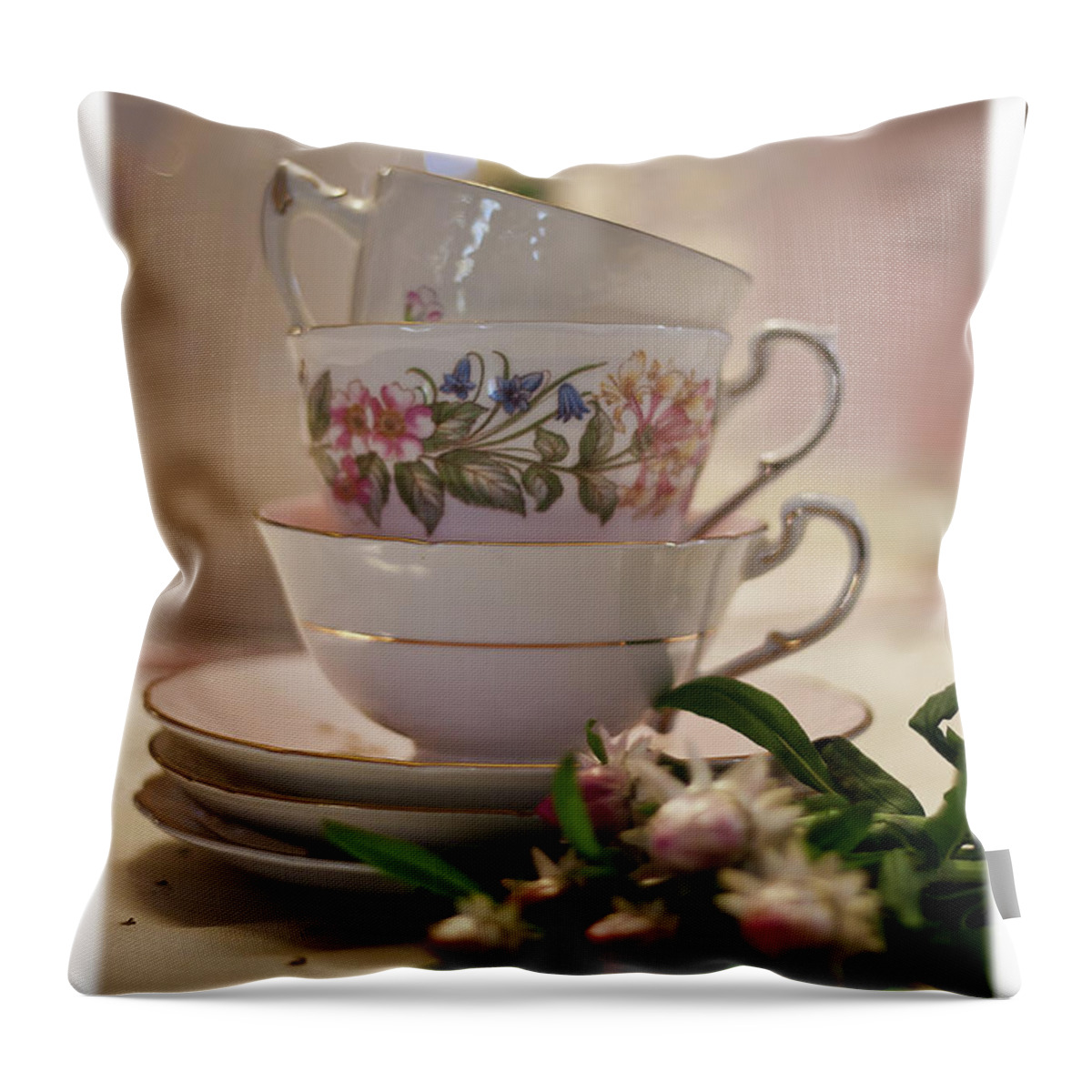 Tea Cup Still Life Throw Pillow featuring the photograph Tea Cups Still Life by Sandra Foster