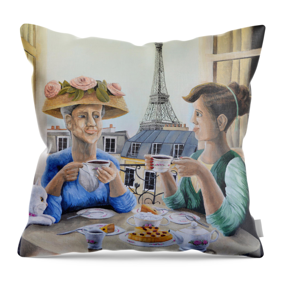 Tea Time In Paris Throw Pillow featuring the painting Tea Time in Paris by Winton Bochanowicz